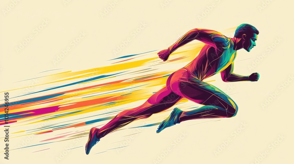 Poster minimalist vector of a runner with sleek, angular lines in bright colors, capturing the intensity of