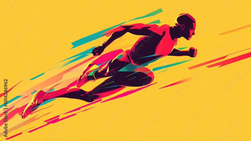 Poster minimalist vector of a runner with sleek, angular lines in bright colors, capturing the intensity of