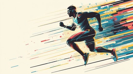 Obraz premium Vector design of a runner sprinting towards the viewer, with motion lines and abstract shapes that convey speed and momentum.