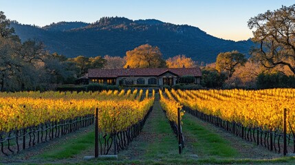 A scenic vineyard at sunset, with golden light illuminating the rows of grapevines and a distant farmhouse.