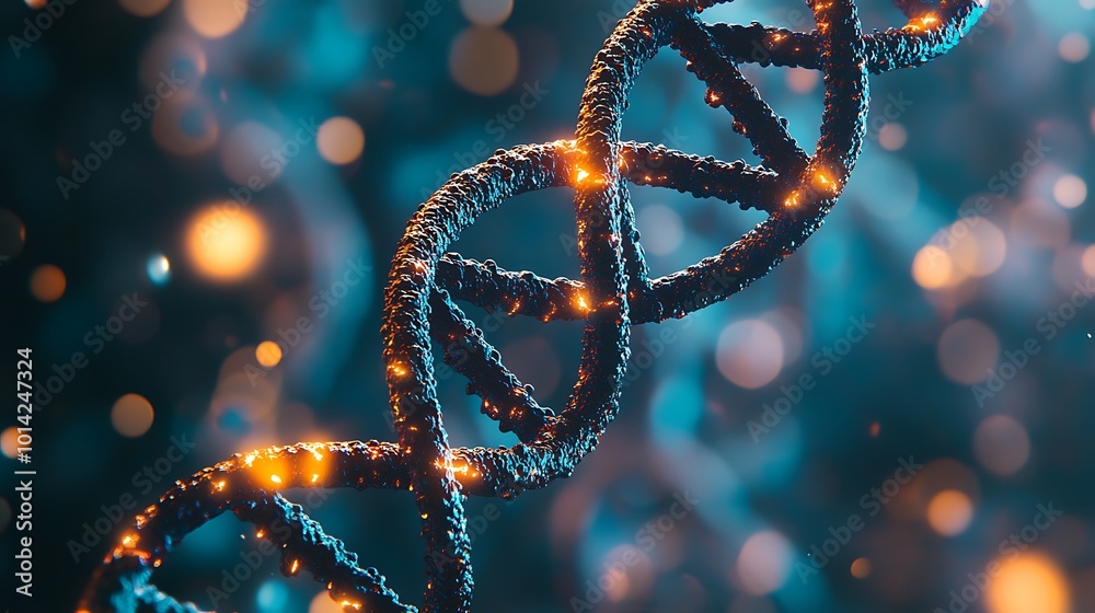 Poster a close-up of a glowing dna helix, with a blue and orange bokeh background, representing the concept