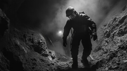 Rescue worker navigating through a dark, smoky cave environment