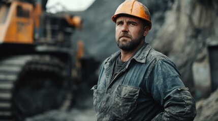 Fototapeta premium Worker on a construction site wearing a hard hat and rugged clothing