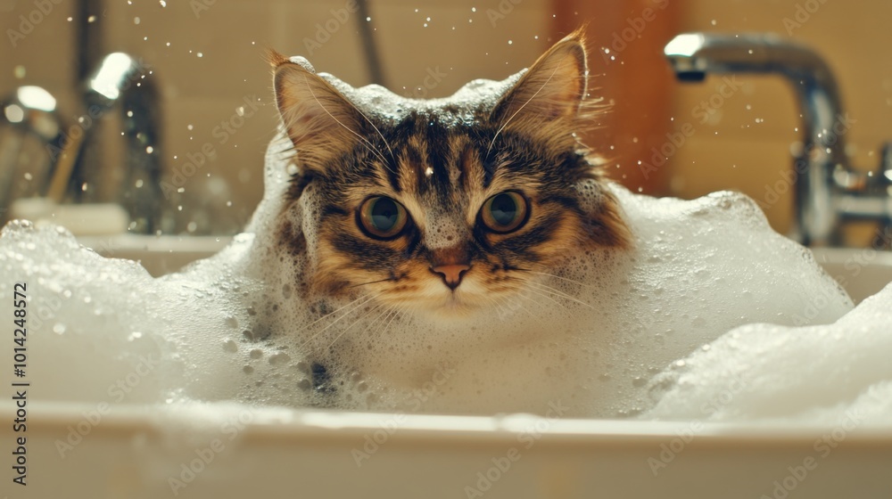 Poster cat enjoying a bath with bubbles and foam