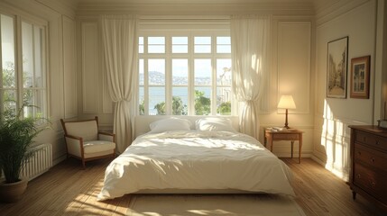 In the bedroom, there is a large window with curtains and a white double bed with white pillows. There is a lamp and furniture on the wooden floor.