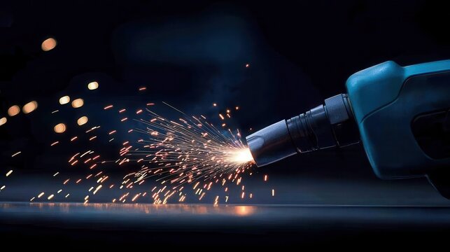 An electric arc welder at work, sparks flying as the electricity melts metal with intense power, sparks fly, electricity, power