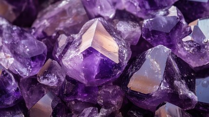 Pile of polished amethysts, with rich purple tones and smooth, rounded surfaces