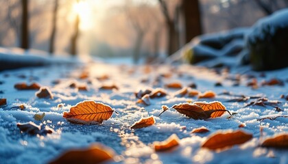 Frost-covered leaves scattered on a snow-dusted path, the winter sun casting a warm glow. Made with Generative AI Technology