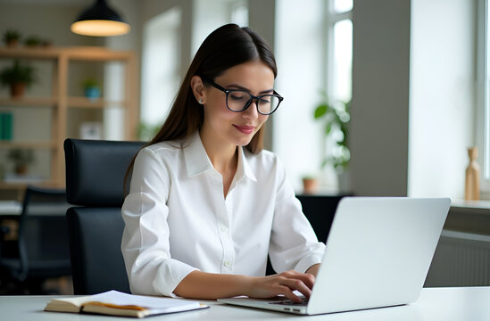 woman businesswoman wearing glasses and working in office at computer monitor