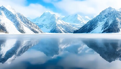 High snow-covered peaks reflecting in a mirror-like frozen lake under a clear, icy sky. Made with Generative AI Technology