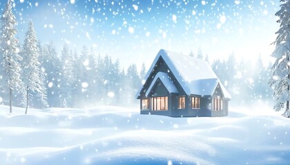 Icicle-covered roof of a cozy cabin nestled in a snowy forest, warm light glowing from within. Made with Generative AI Technology