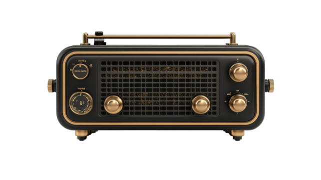 A vintage-style black and gold radio with various dials and knobs, evoking a retro aesthetic against a clean white background.