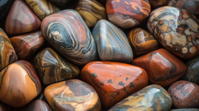 Polished jasper stone, with rich earthy tones and unique swirling patterns throughout