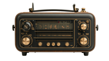 A vintage radio with a classic design featuring dials and knobs for tuning and volume control, emitting a nostalgic, retro aesthetic.