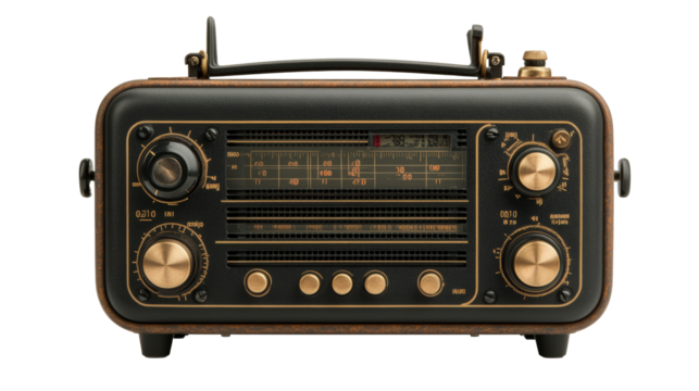 A vintage radio with a classic design featuring dials and knobs for tuning and volume control, emitting a nostalgic, retro aesthetic.