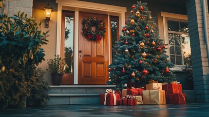 In front of the house, there is a beautifully decorated Christmas tree with gifts under the tree