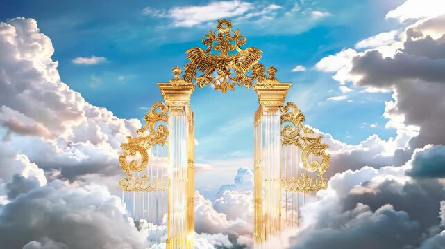 Golden heaven gate in the blue sky and clouds