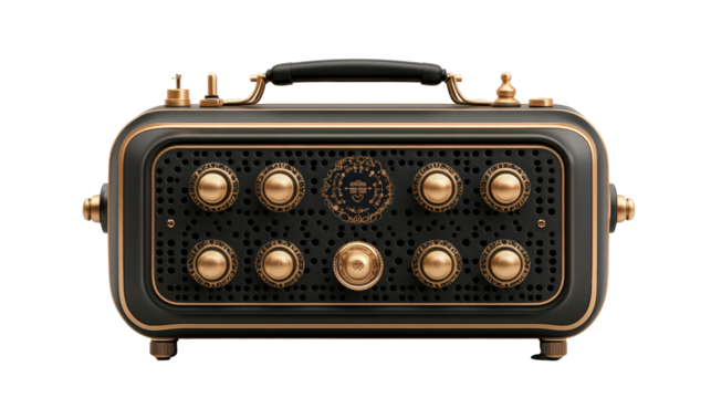 Vintage radio with intricate golden dials and knobs, black and gold color scheme, and elegant handle, exuding a classic, retro aesthetic.