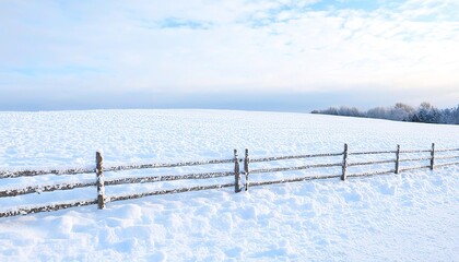 Snow-covered wooden fence stretching across a wintry landscape, the sky painted with cold hues. Made with Generative AI Technology