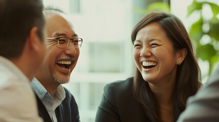 Fototapeta premium Two People Laughing Together While Sitting at a Table