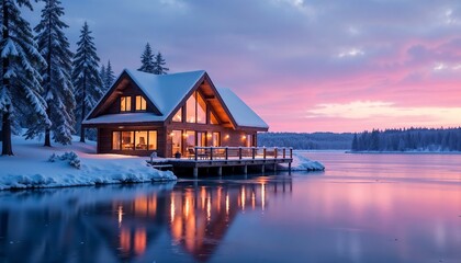 Fototapeta premium Serene Snowy Cabin by a Frozen Lake at Sunrise with Reflections on Water and Surrounded by Tall Snow-Covered Pine Trees. 