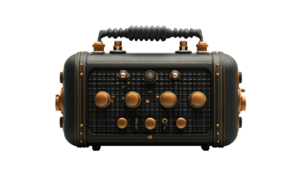 A steampunk-style vintage radio with brass knobs and a leather handle, combining retro design with industrial aesthetics against a plain background.