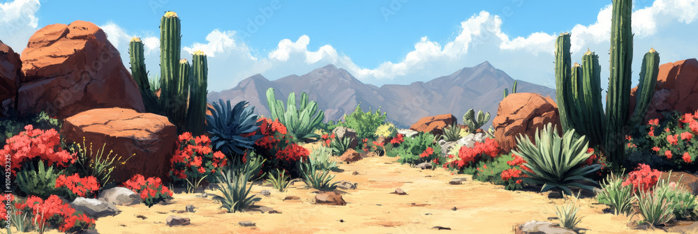 Poster A desert landscape with red rocks, tall cacti, and blooming flowers.