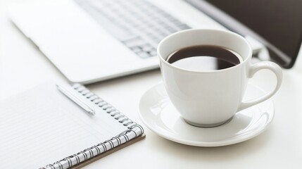 white coffee cup, a spiral notebook, and a laptop on a bright, minimalist workspace, ideal for productive work and focus.