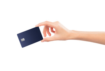 Hand holding credit card on isolated white background.