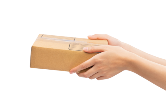 Hand holding the cardboard box on isolated background. Packaging and shopping online, delivery concept.