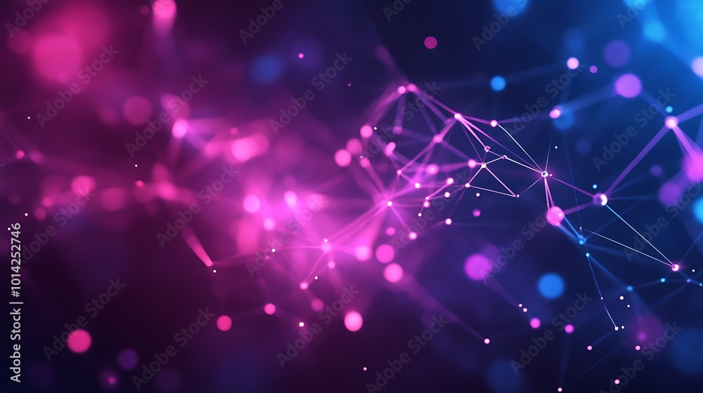 Poster Abstract background with glowing pink and blue dots connected by lines on a dark background.