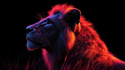 Naklejka premium Majestic lion profile under colorful lighting. Generative AI image