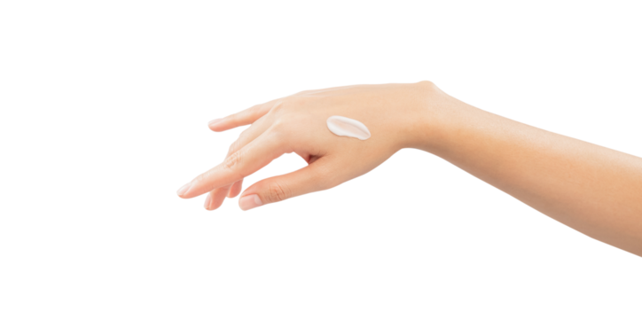 Woman hand applying cosmetic cream on her finger on background.