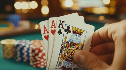 Holding a winning hand of aces and a king in a casino at night