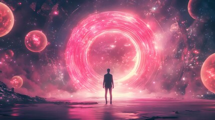Human figure in front of portal to another dimension, space gate with a bright pink glow and flying balls, futuristic abstraction. 