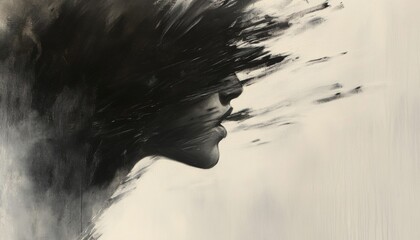 Obraz premium Abstract painting of a woman's face with black brushstrokes covering her eyes.