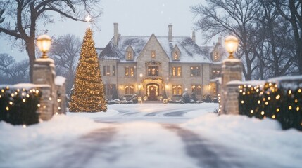 Festively decorated countryside manor with holiday lights and grand Christmas tree amidst snowy winter evening.