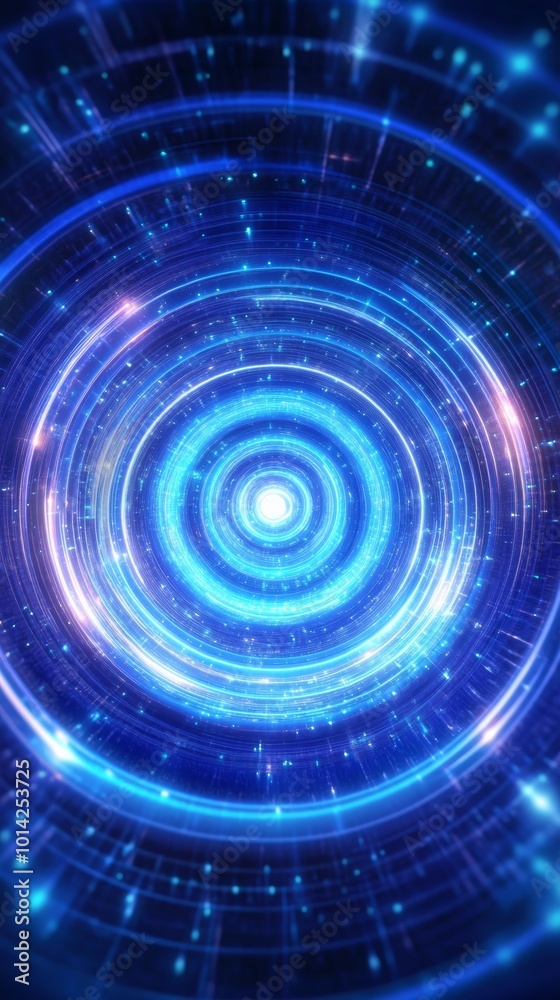 Poster futuristic blue light tunnel with glowing particles, abstract technology vortex concept