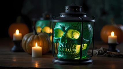 a glowing skull lantern as a centerpiece for Halloween decorations