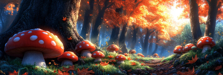 A magical forest path lined with vibrant red and white mushrooms, bathed in the warm glow of the autumn sun.