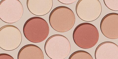 Eyeshadow palette, mix of matte and shimmer shades pastel neutral hues, wide banner. Minimal top view pattern for beauty, makeup, cosmetics themes, Soft color swatches eyeshade refills round shape