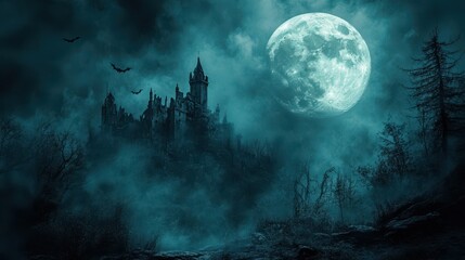 Graveyard cemetery to castle In Spooky scary dark Night full moon and bats on dead tree. Holiday event halloween banner background concept.