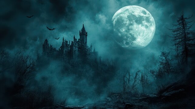 Graveyard cemetery to castle In Spooky scary dark Night full moon and bats on dead tree. Holiday event halloween banner background concept.