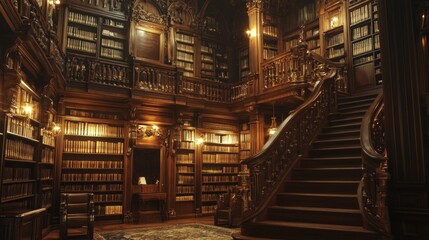Grand Library Interior with Staircase