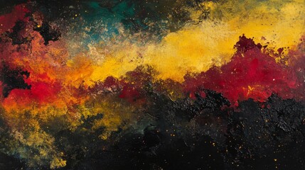 Fototapeta premium Abstract painting with red, yellow, and blue hues on a dark background, resembling a galaxy.