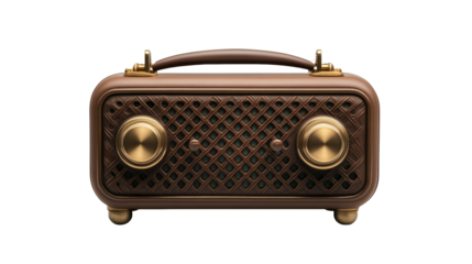 A vintage-style, brown and gold portable radio with a handle and two large control knobs on the front.