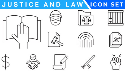 Law and justice line icons collection. Big UI icon set in a flat design. Thin outline icons pack.