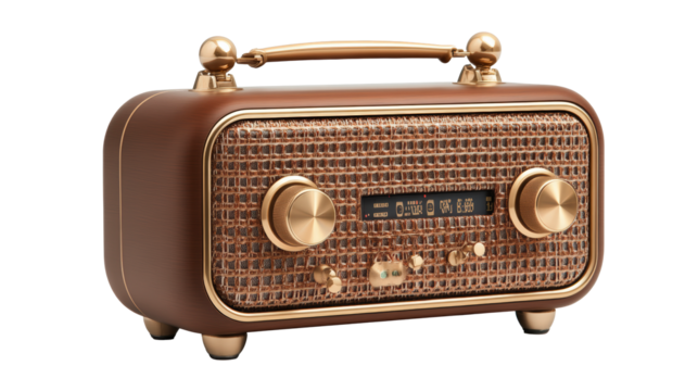 A vintage-style radio with gold accents, featuring a woven front panel, two large dials, and a carrying handle, exuding a retro aesthetic.