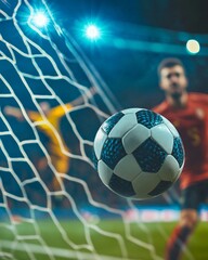 A close-up shot of a soccer ball hitting the net after a goal, sharp focus on the ball with the goalkeeper blurred in the background,