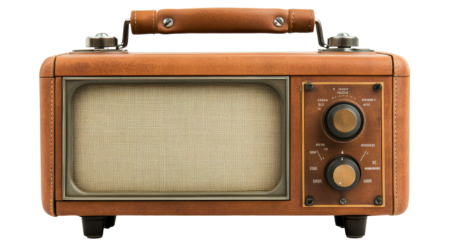 Vintage portable radio with a leather handle, large speaker, and side knobs for tuning and volume, offering a nostalgic glimpse of past audio technology.